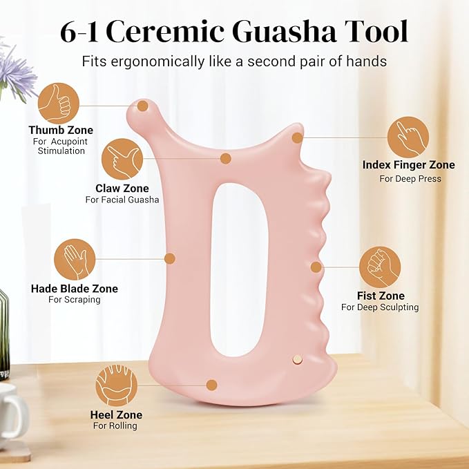 Upgraded 6-in-1 Ceramic Body Massage Tool,Korean Manual Guasha Facial Massage for Face Lift, Muscle Relief Scraping Tool, Skin Care Gift Gift for Friend, Wife,Pink