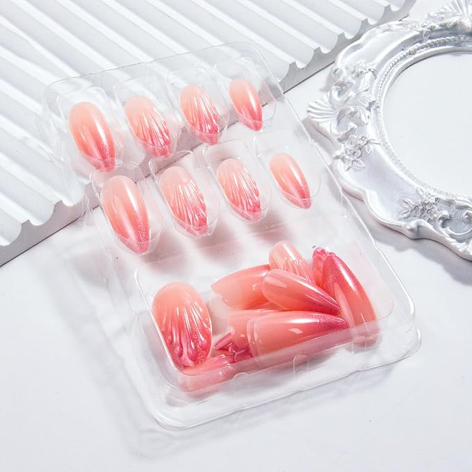 Almond Press on Nails Medium 3D Fake Nails Pink Cat Eye Acrylic Nails Glossy Ombre False Nails Jelly Line Design Full Cover Gradient Glue on Nail Press ons for Women Girls Manicure & Nail Art