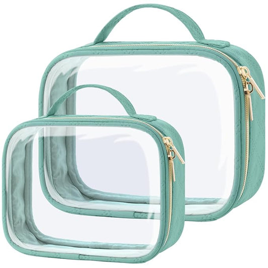 PACKISM TSA Approved Toiletry Bag, 2 Pack Clear Makeup Bags with Handle Large Opening, Clear Toiletry Bags Fit Carry-on Travel Essential, Travel Bags for Toiletries, Turquoise Green