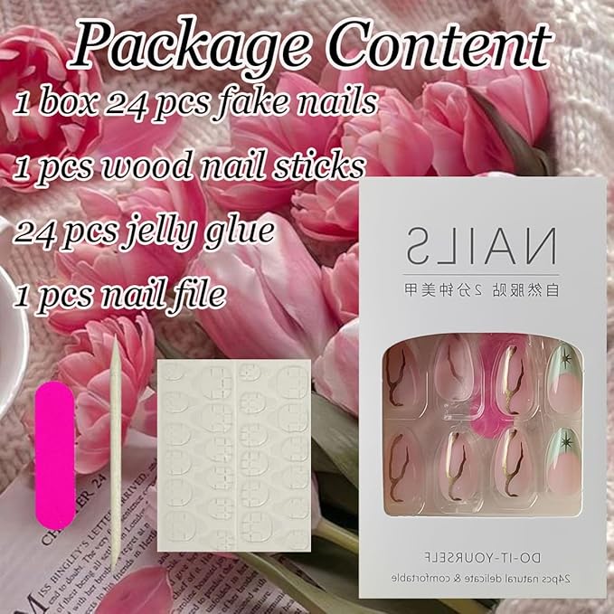 24Pcs Green French Tip Press on Nails Short Almond Fake Nails 3D Gold Chrome False Nails Star Nails Tip Design Glue on Nails Gold Lines Artificial Acrylic Nails Reusable Y2k Stick on Nails for Women