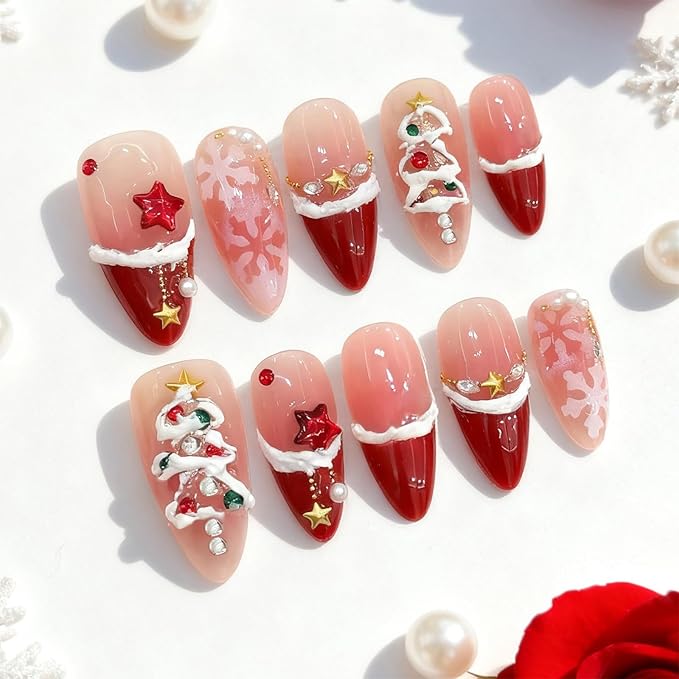 Christmas Press on Nails Medium Almond NEWSPIED Red French Tip Fake Nails with Colorful Rhinestones Design Christmas Tree Snowflake False Nails Winter Nude Pink Glossy Glue on Nails for Women 24Pcs