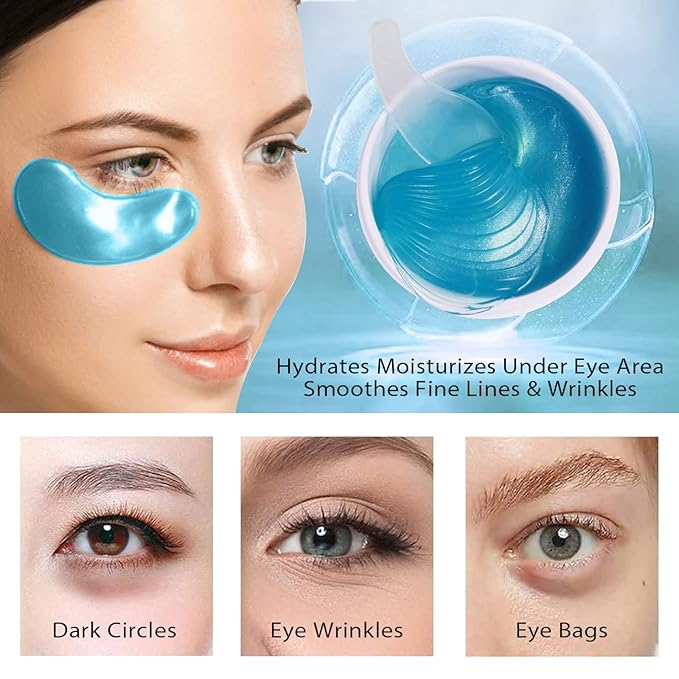 60 Pcs Under Collagen Eye Masks, Under Eye Patches for Dark Circles and Puffiness, Hydrating Eye Mask Skincare, Eye Gel Pads for Eye Bags and Wrinkles Under Eye Treatment (60 Pcs Blue)