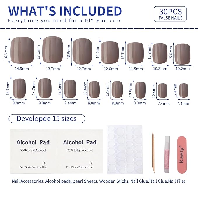 Brown Press On Nails Short, Glossy Soft Gel Press On Nails Square with Nail Glue, 15 Sizes - 30 Fake Nails Kit, Thick Natural Reusable Glue On Nails for Women