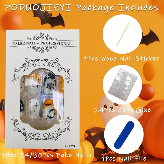 24Pcs Halloween French Tip Press on Nails Short Oval False Nail with Bat Ghost Spider Web Black Cat Skeleton Design Glue on Nails Stars Acrylic Nail Orange Black Full Cover Stick on Nails for Women