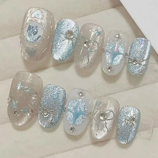 30Pcs Cat Press on Nails Short Almond Fake Nails Blue Cute Cat with Star Rhinestones Design Glitter False Nails Handmade Full Cover Artificial Glue on Nails Spring Summer Stick on Nails for Women