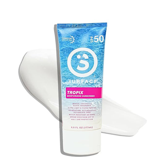 Surface Sunscreen Lotion SPF 50 for Face & Body, Lightweight Natural Formula, Reef Friendly, Broad Spectrum UVA UVB Protection, Water Resistant Sun Care for 80 Minutes Outdoor Use, Tropical Scent, 6oz