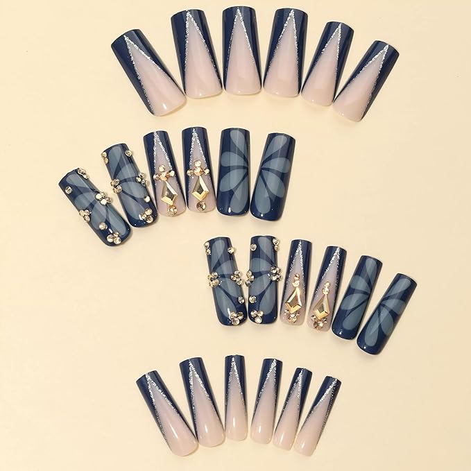 BABALAL Press on Nails Long Square Fake Nails Blue French Tip Glue ons Butterfly Gold Rhinestone Charm Design Shine Acrylic Nails Supplies Squoval 24Pcs Luxury DIY Handmade Stcik on False Nail Art