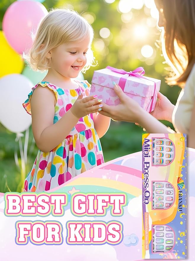 72 Pieces Press on Nails for Kids, EBANKU 3 Pack Kid Fake Nail Kit Rainbow Unicorn Star Press on Nails for Girls 7-12 Years with Jelly Nail Adhesives