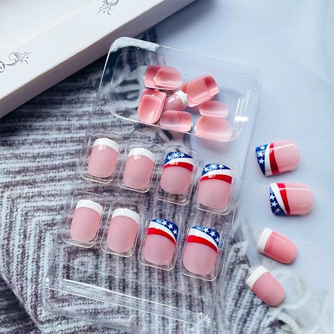 24Pcs Independence Day French Tip Press on Nails Short Square Fake Nails with USA Flag Nail Tips Design 4th of July Acrylic Glue on Nails Patriotic False Nails Full Cover Stick on Nails for Women