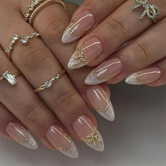 24pcs White French Tip Press on Nails Medium Almond Fake Nails with 3D Bow Acrylic Nails Design Gold Line Stick on Nails French False Nails Kit Full Cover Glue on Nails for Women Nail Decoration