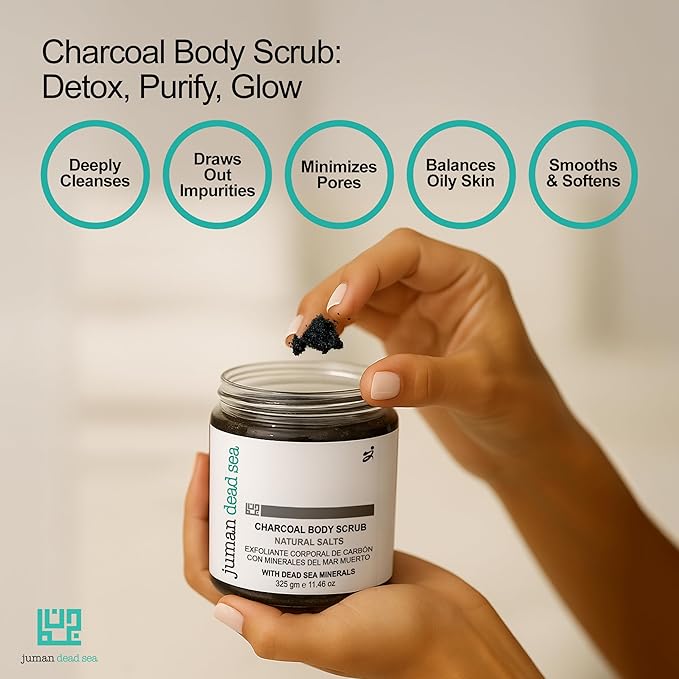 Juman Dead Sea Minerals Activated Charcoal Body Scrub with Chamomile Extract | Detoxifies and Renews Skin | SlS & Paraben Free | Vegan | 11.46 Oz