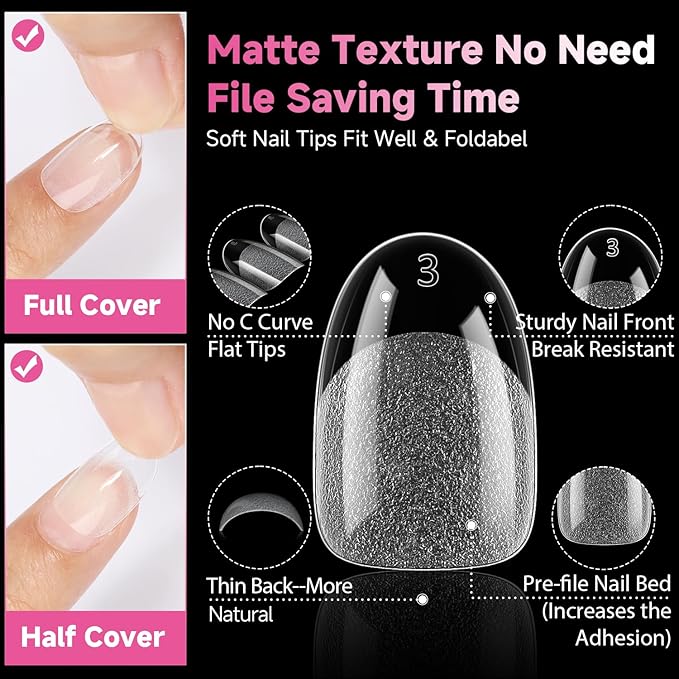 UNA GELLA Short Oval Round Nail Tips, Pre Etched Short Oval Gel Nail Tips Soft Gel Full Cover Press on Nails for Nails Extension Art DIY Salon 216Pcs 12 Sizes