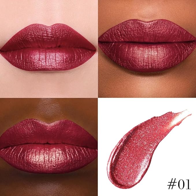 Kaely 2-in-1 Dark Red Metallic Lipstick and Lip Liner, Shimmer Liquid Metallic Lipsticks for Women, Glitter Lip Gloss Stain Long Lasting Waterproof Smudge Proof 24 Hour, Vegan Makeup, 01