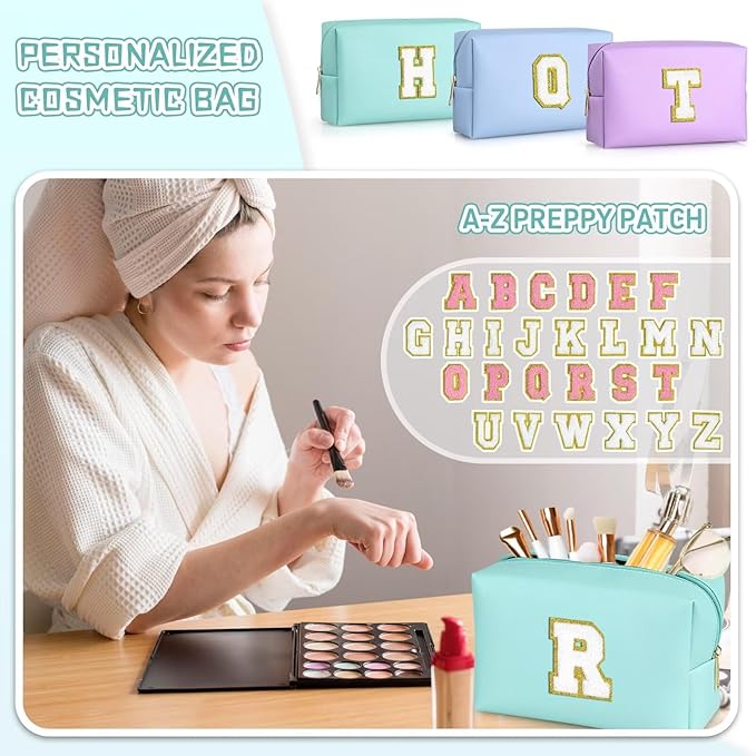 TOPEAST Initial Makeup Bags for Women, Personalized Portable Cosmetic Bag for Travel, Cute Makeup Pouch, PU Leather Waterproof Toiletry Bag, Preppy Things for Girl (Blue V)