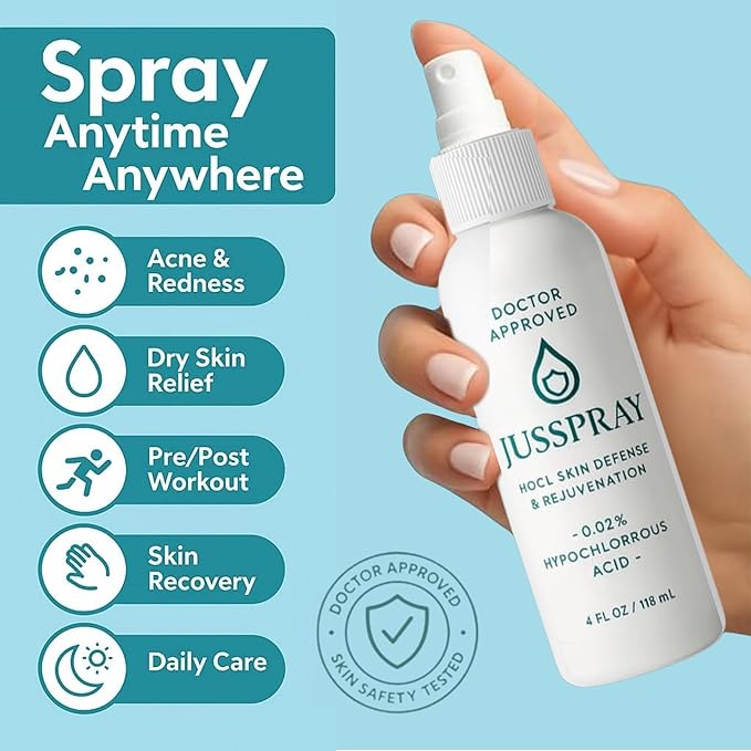 JusSpray™ Hypochlorous Acid (HOCl) Spray – Doctor Approved Skin Defense Mist 4 oz – Face & Body Toner for Sensitive, Acne & Eczema-Prone Skin, Redness Relief & Piercing Aftercare