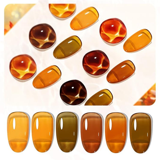 JODSONE 6 Colors Gel Nail Polish Set Fall Collection Jelly Effect Soak Off Need U V LED Gel Polish Set Autumn Mauve Brown RedSalon-Quality DlY Home Manicure