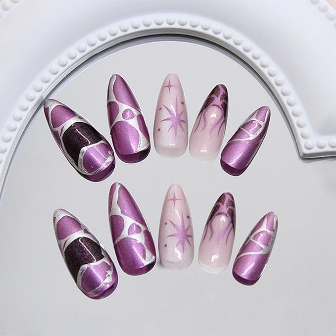 IMRAIN Press on Nails Almond Medium Fake Nails Purple Glue on Nails with Cat's Eye Designs Full Cover Moon Star French Tips False Nails Manicure Y2K DIY Nail Art 24Pcs Glossy Stick on Nails