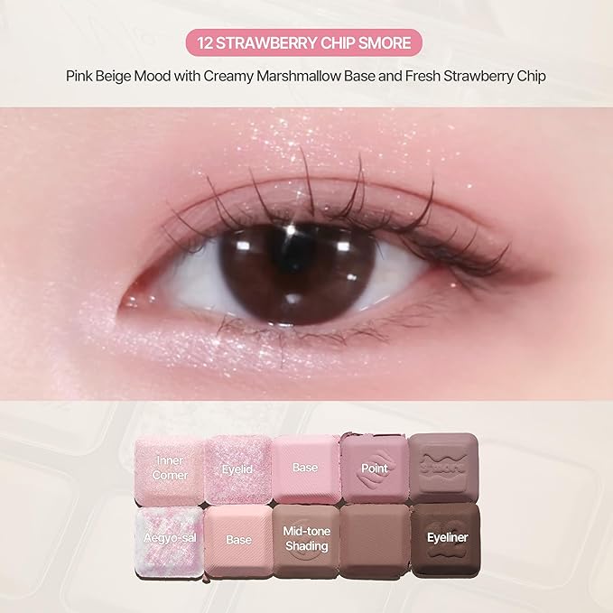 lilybyred Mood Keyboard | 10-Shade Korean Eyeshadow Palette, Highly Pigmented, Matte, Shimmer & Jelly Glitter, Smooth. Blendable, Long-Lasting, Dome-Shaped Design, 0.38 oz. (12 Strawberry Chip Smore)