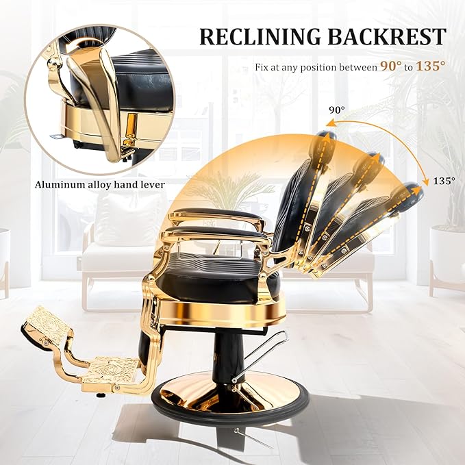 OmySalon Retro Barber Chair Heavy Duty, Aluminum Alloy Frame, Adjustable Headrest, Extra Wide Footrest, Hydraulic Salon Chair for Hair Stylist Reclining All Purpose for Beauty Spa Shampoo, Black Gold