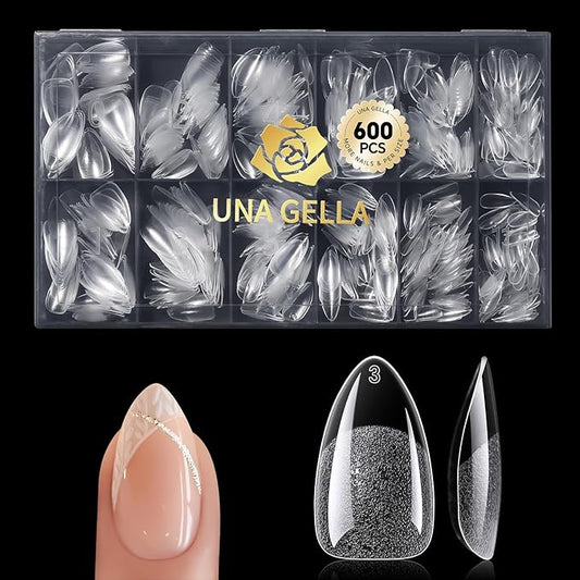 UNA GELLA Short Almond Gel Nail Tips, 600 Pcs Pre-Filed Short Nail Tips Almond Shape Half Matte Press On Nails 12 Sizes Full Cover Clear Fake Nails for Extension Home DIY Salon with Box