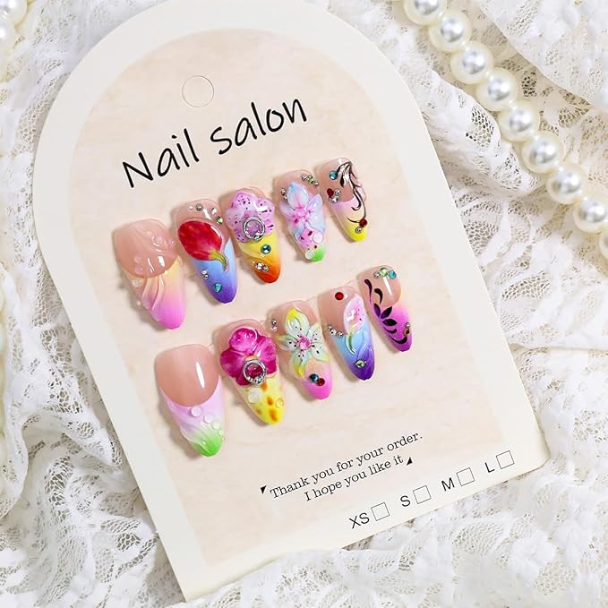 24Pcs 3D Flower Press on Nails Medium Almond Fake Nails French Tip False Nails with Silver Pearl Rhinestones Gilding Design Colorful Summer Stick on Nails Full Cover Artificial Glue on Nails for Women