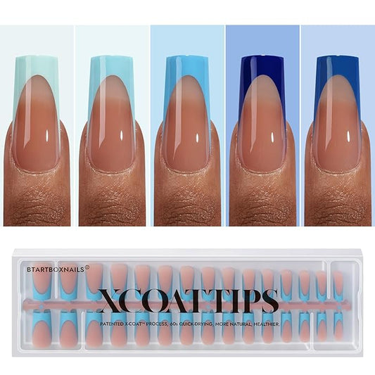 BTArtboxnails XCOATTIPS French Tip Press On Nails - Blue Press On Nails Long, Square Fake Nail Tips, 150Pcs Soak Off Soft Gel Acrylic Brown Nail Extension in 15 Sizes