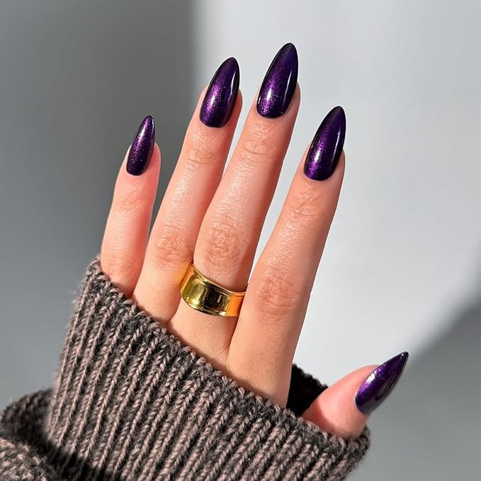 IMRAIN Cat's Eye Press on Nails Almond Medium Purple Plastic False Nails 24Pcs Glossy Gel Glue on Nails Reusable Acrylic Stick on Nails Manicure Kit for Women