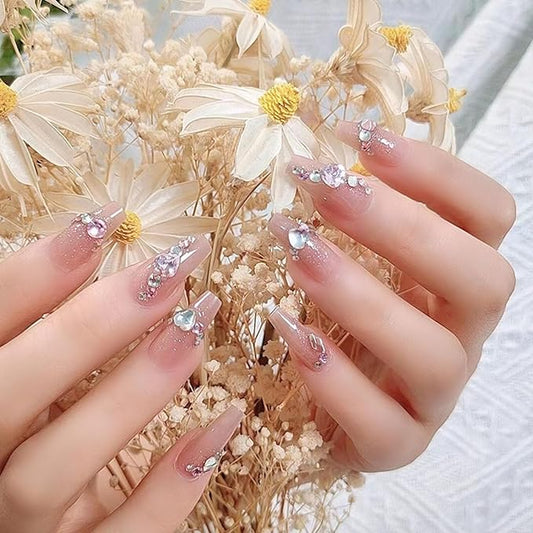 Medium Press on Nails Coffin Fake Nails with Rhinestones Glitter Designs Glue on Nails Light Pink Transparent Nails Press ons Medium Coffin False Nails Artificial Stick on Nails for Women 24Pcs