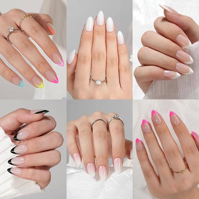6 Packs Press On Nails Almond, Misssix French Tip Press On Nails Short, Reusable Glue On Nails, Gel Fake Nails for Women, Stick On Nails Kit 15 Sizes-6 styles in total