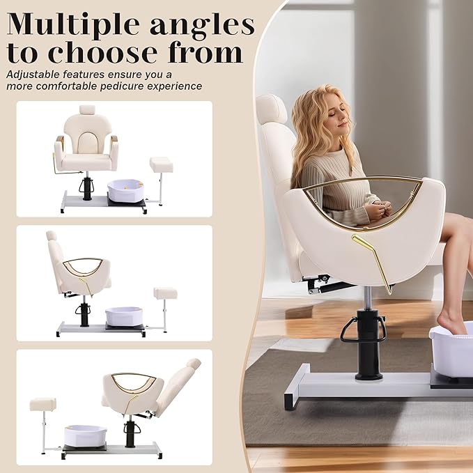 Pedicure Station No Plumbing, Hydraulic Pedicure Chair for Nail Tech, Height Adjustable Reclining Pedicure Station Unit, 360 Degree Swivel Foot Spa Chair with Massage Foot Bath (White-Golden)