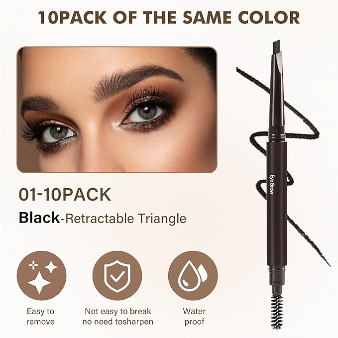 Ultimate Eye Brow Pencils Set for Women, 10Pcs Retractable Double-ended Eyebrow Pen with Brow Brush, Shaping & Filling, Contours, Definers, Fine Tip (01-10Pcs-Black-Retractable Triangle)