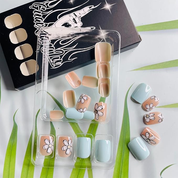 24 Pcs Short Square Press on Nails Spring Fake Nails With Designs Cute Flower False Nails Artificial Acrylic Nail Kit Light Blue Full Cover Stick on Nails Glossy Pink Flowers Glue on Nails For Women
