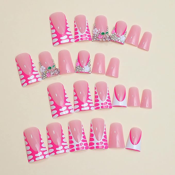 BABALAL Duck Nails Press ons Pink French Tips Press on Nails False Nails with Rhinestone Cherry Flower Designs Glossy Luxury Duck Nail Tips 24pcs Gel Acrylic Manicure False Nails Kit