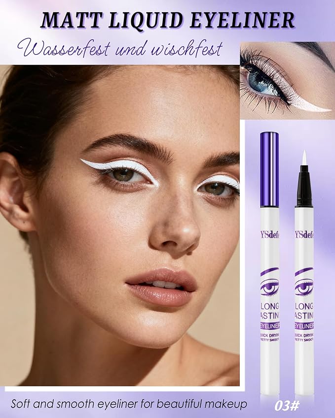 Liquid Eyeliner Pen, White Waterproof Long Lasting Colored Eye Liner Pen with Precision Tip, Matte Colorful Smudgeproof High Pigmented Eyeliner Pencil, Cosplay Party Stage Eye Makeup Gift for Women-03