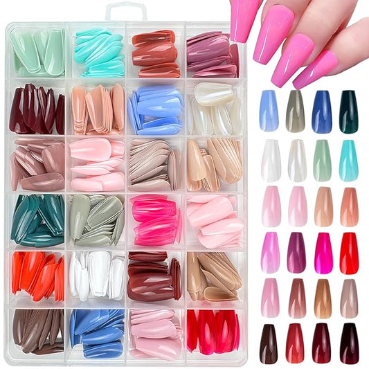 576 Pcs Press on Nails Medium Coffin Fake Nails Solid Color False Nails 24 Color Coffin Acrylic Nails Glue on Nails Reusable Artificial Nails Stick on Nails for Women Manicure