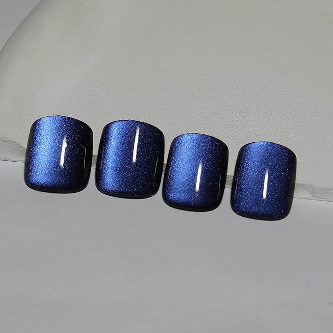 Blue Square Press On Nails Short, Blue to Black Gradient Cat Eye Press on Nails with Glue for Women Ashionable Gel False Nails Reusable Acrylic False Nails Women's Glitter Nails Glue On Nails Kit