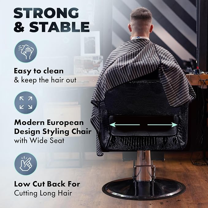 Buy-Rite Rosa Styling Chair for Salons & Barbershops - Crocodile Black, 23" Heavy-Duty Chrome Base, Wide Seat, Hydraulic Pump, No-Crevice Design, Armrests - YLG-308-CROC