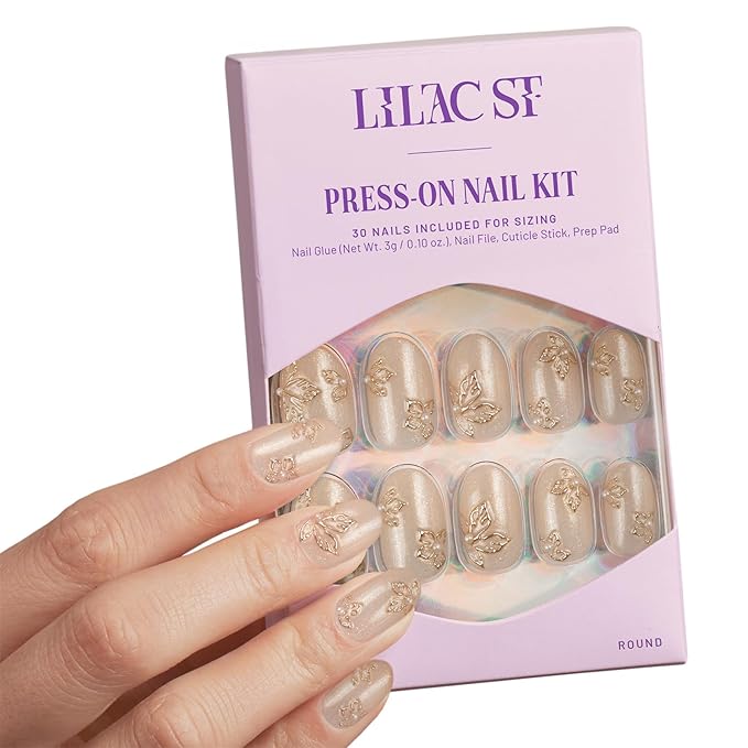 Lilac St - Press on Nails, Petals & Pearls (30 Nails, 15 Sizes) - Medium, Round, Pearl + Glossy, Opaque - Brush-On Nail Glue, Nail File, Cuticle Stick, Prep Pad - Cruelty Free, Vegan, Women Founded