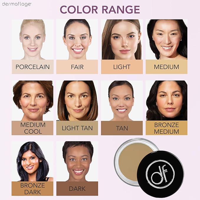 Dermaflage Full Coverage Concealer Cream, Tan, 11 Versatile Shades, Waterproof, Non-Greasy, Matte Finish, Conceals Acne, Dark Circles, Blemish Spots, Tattoos, Bruises, Scars