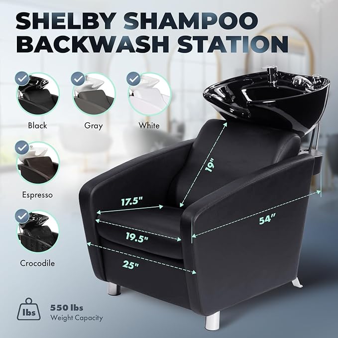 Buy-Rite Shelby Shampoo Backwash Station - Professional Salon Backwash Unit w/Deep Tilting Porcelain Sink, Wide Reclining Chair, Dual-Function Nozzle, Vacuum Breaker - Black, YLG-556-BLK