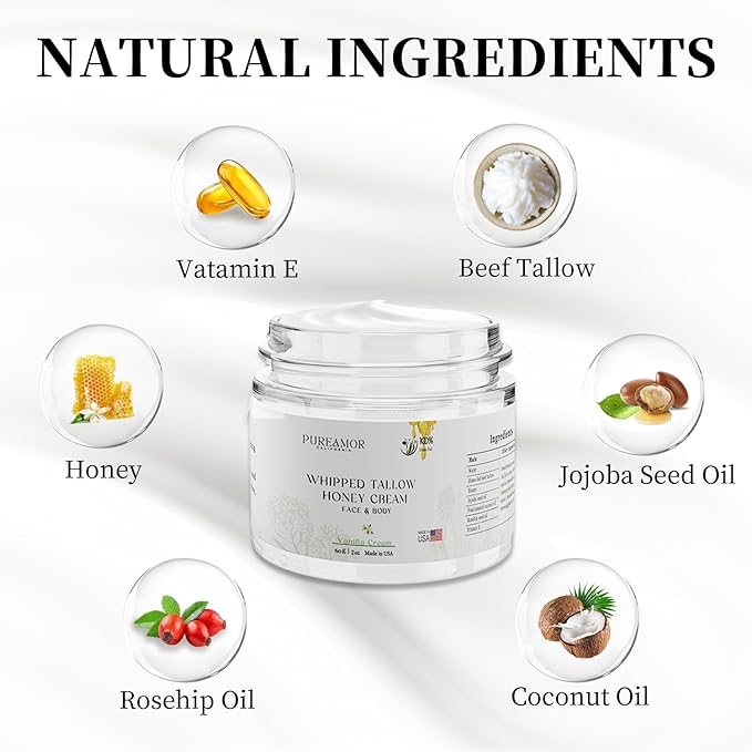 Grass-Fed Beef Tallow for Skin Made in USA, Absorbent, Soothing Tallow and Honey Balm, Smoother Beef Tallow for Face, Whipped Beef Tallow Moisturizer, Tallow Cream (2oz. Vanilla Scented)