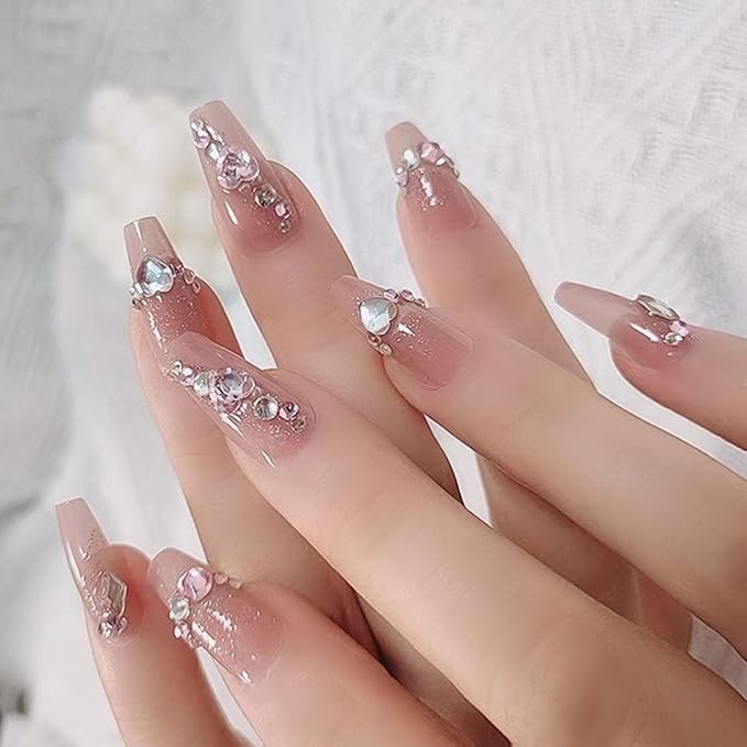 Medium Press on Nails Coffin Fake Nails with Rhinestones Glitter Designs Glue on Nails Light Pink Transparent Nails Press ons Medium Coffin False Nails Artificial Stick on Nails for Women 24Pcs