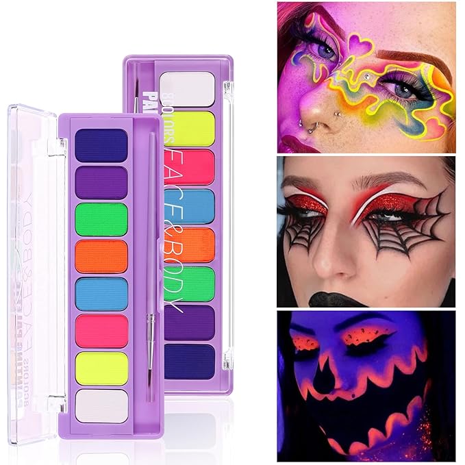 MEICOLY 8 Colors Water Activated Eyeliner Palette, Neon Face Paint Colored Retro Hydra Liner,Matte Eyeliner UV Blacklight Halloween Blue White Body Paint Corpse Bride Halloween Sally Cosplay,01