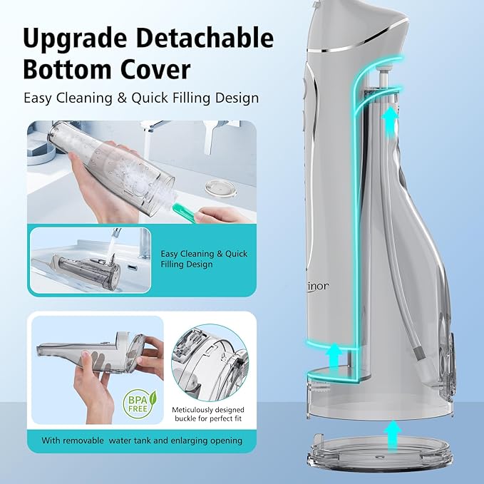 Leominor Water Dental Flosser Pick for Teeth, 300ML Portable Oral Irrigator Upgraded Tank Removable,IPX7 Waterproof, Rechargeable Travel Teeth Cleaner, Professional Electric Flossing Machine (Gray)