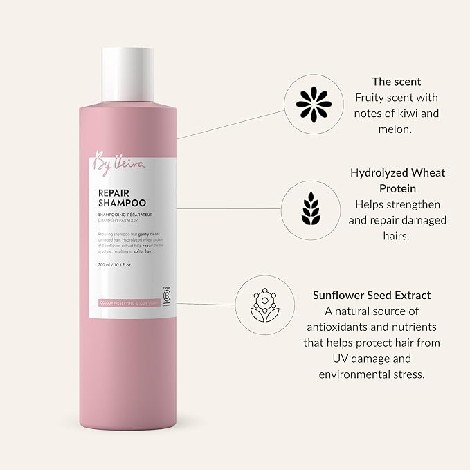 Repair Shampoo 10.1 Fl Oz, For Damaged Hair, Wheat protein/Sunflower Extract Gently Repairs Hair, Colour preserving, 100% vegan & Sulphate/Silicone free