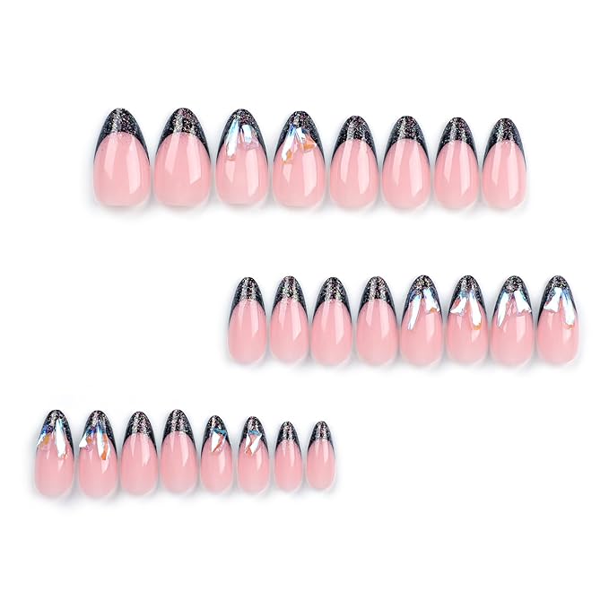 Press on Nails Medium Almond Fake Nails Glitter French Tip False Nails with Designs Crystal Rhinestones Glue on Nails Nude Acrylic Nails 24 Pcs for Women Girls Manicure Art