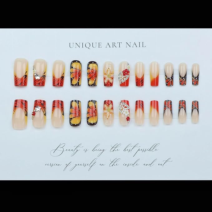24Pcs Butterfly Wing Press on Nails Long Square Fake Nails 3D Relief Flower with Rhinestone Butterfly Pink White Flower Design False Nails Fall Orange Leopard Print French Tip Acrylic Nails for Women