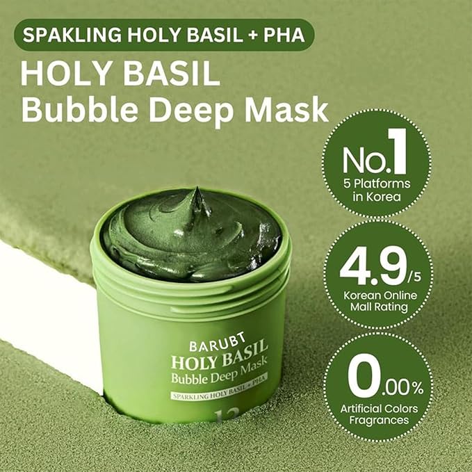 Holy Basil Bubble Deep Mask – Holy Basil & Carbonated Water for Cleansing Pores & Blackheads, Korean Clay to Bubble Wash-Off Pack (90g / 3.17 oz) (1P)