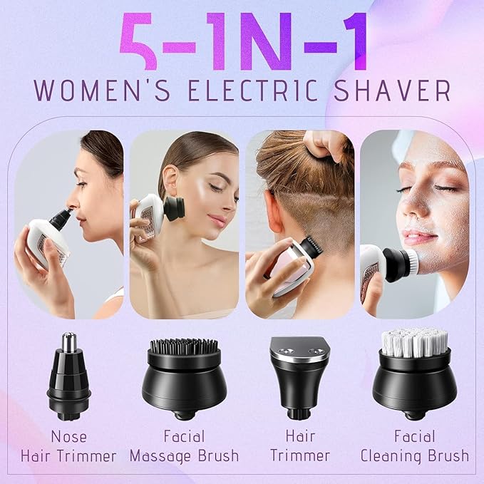 Electric Razors for Women Legs: 5-in-1 Rechargeable Body Shaver - Waterproof Wet Dry Hair Remover - Trimmer for Lady Face Underarms Public Men