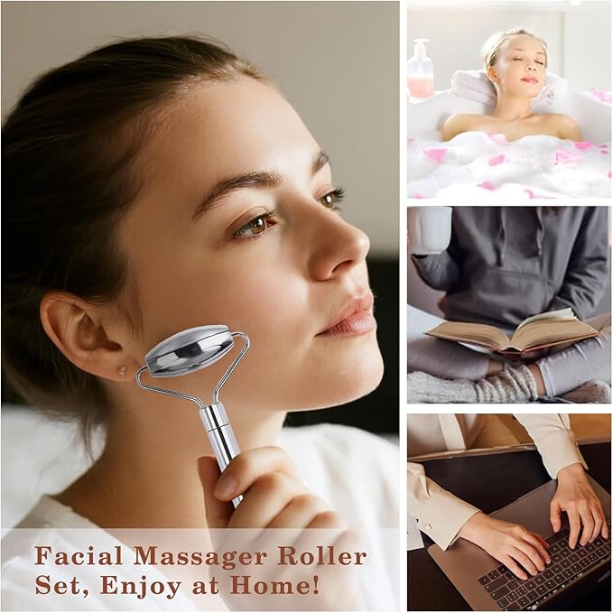Stainless Steel Gua Sha and Face Roller Set Facial Massager Tools, Lymphatic Drainage Massager Metal Gua Sha Skin Self Care Gifts for Women, Face Sculpting Guasha for Body Eyes with Pouch